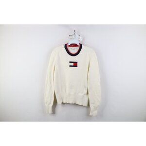 Vintage 90s Y2K Tommy Hilfiger Womens M Babydoll Center Logo Knit Sweater Cream